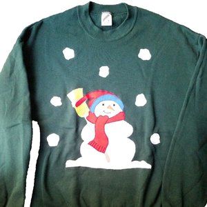 Womens Large Snowman Hand Applique Green SweatShirt